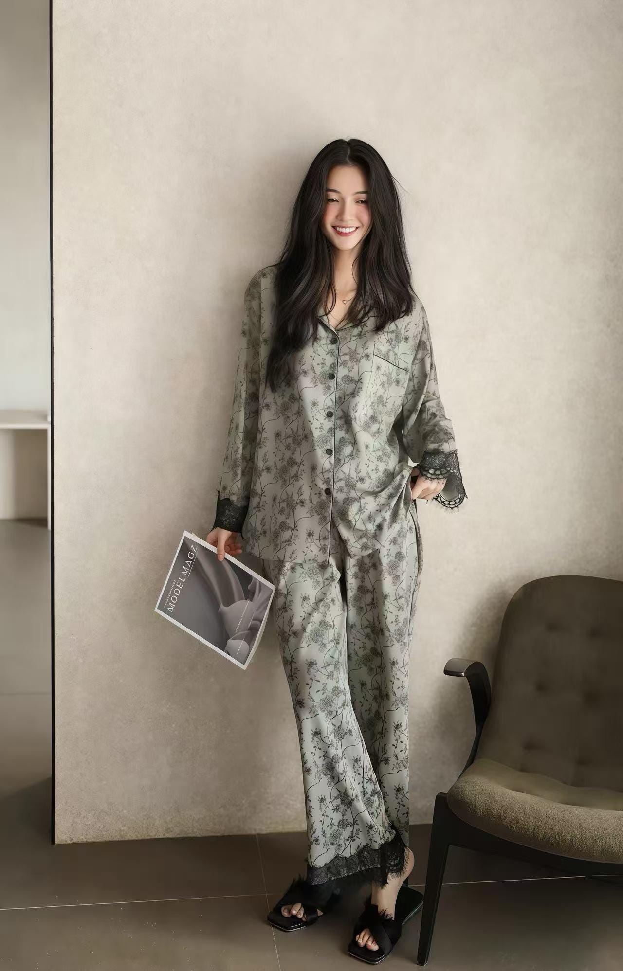 Women's floral cotton pajama set with lace trim by Lian Loungewear, featuring a cozy, comfortable loungewear design.