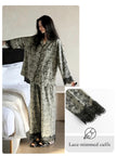 Women's floral cotton pajama set by Lian Loungewear featuring lace trim, cozy loungewear for comfortable nights.