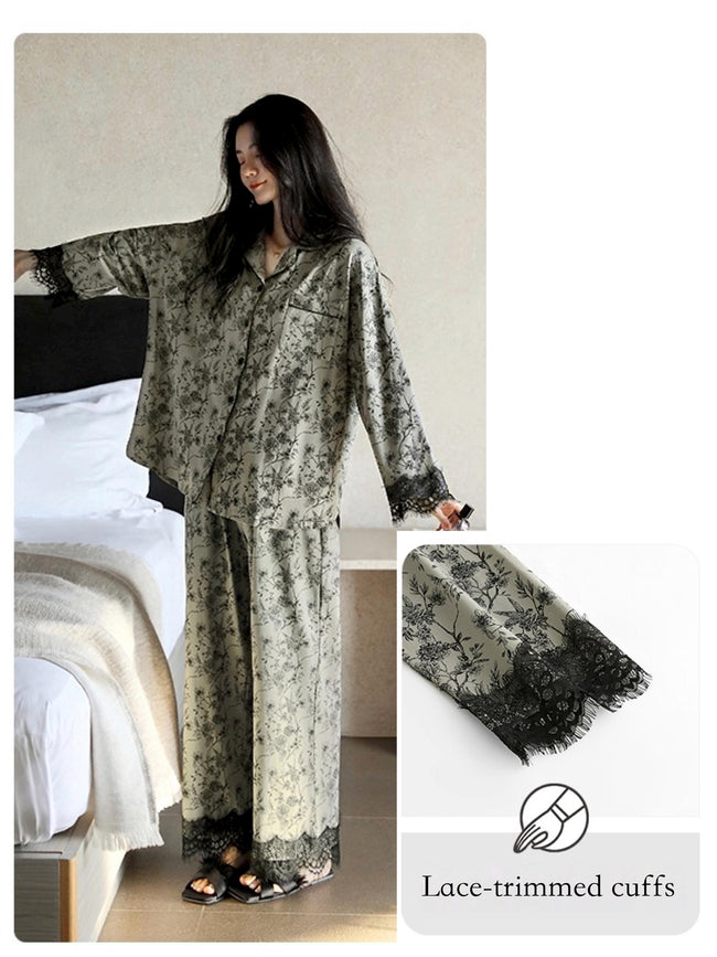 Women's floral cotton pajama set by Lian Loungewear featuring lace trim, cozy loungewear for comfortable nights.