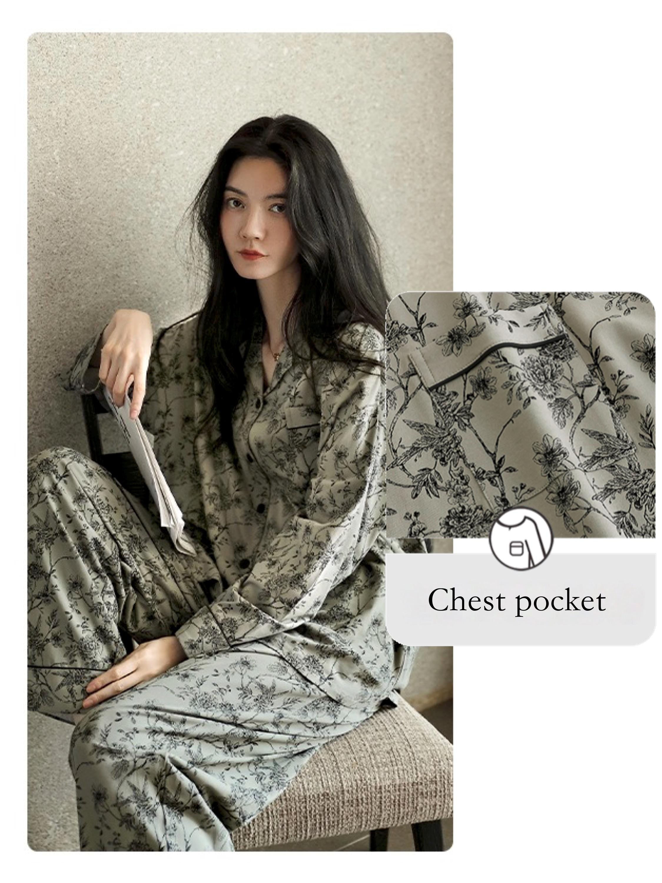 Women's floral cotton pajama set with lace trim by Lian Loungewear, cozy loungewear for comfortable nights.
