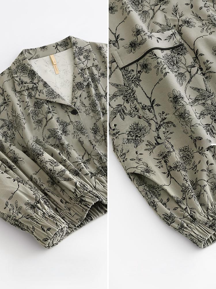 Women's floral cotton pajama set with lace trim by Lian Loungewear, featuring a comfortable, cozy loungewear design.