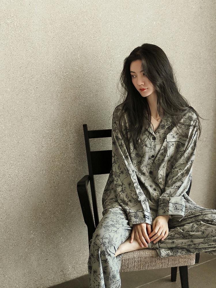 Women's floral cotton pajama set with lace trim by Lian Loungewear, cozy loungewear for comfortable nights.