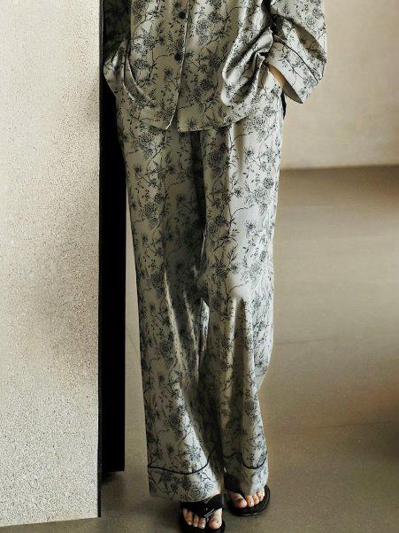 Women's floral cotton pajama set with lace trim by Lian Loungewear, cozy loungewear for comfortable nights.