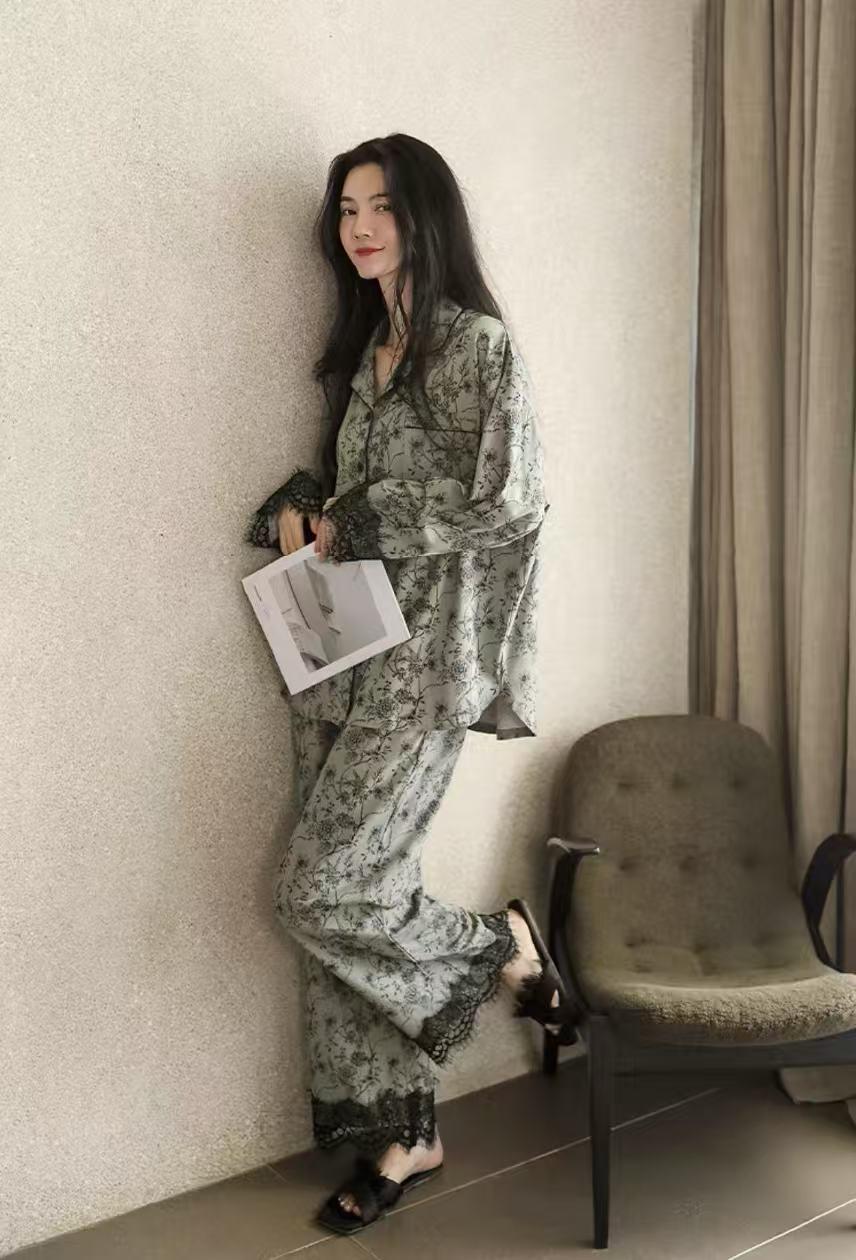 Women's floral cotton pajama set with lace trim from Lian Loungewear, featuring a cozy and comfortable loungewear design.