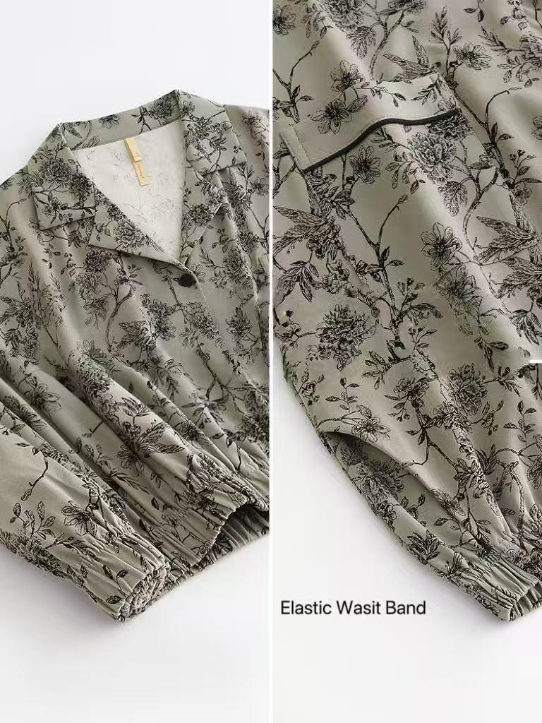 Women's floral cotton pajama set with lace trim from Lian Loungewear, featuring a cozy and comfortable loungewear design.
