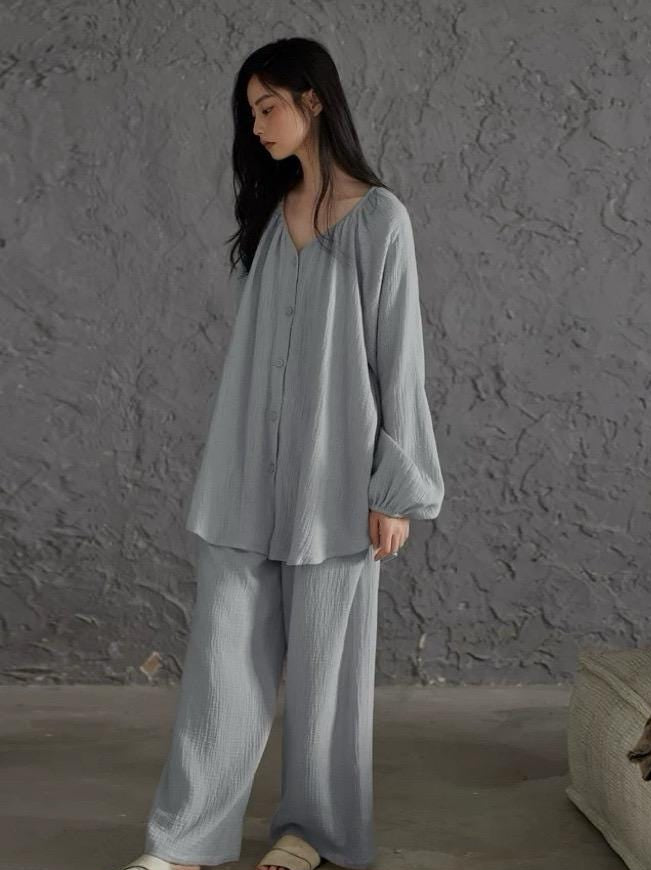 Lian Loungewear gauze cotton pajamas set with embroidered Zen design, comfortable loungewear for relaxing at home.