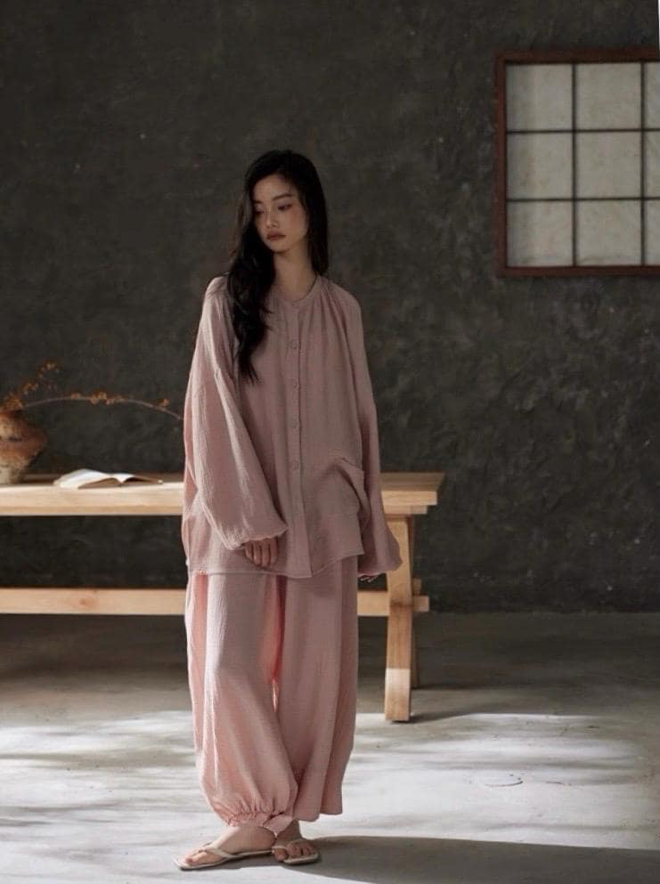 Lian Loungewear gauze cotton pajama set with embroidered Zen design, comfortable loungewear for relaxing at home.