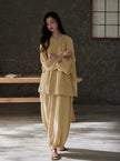 Lian Loungewear gauze cotton pajamas set with embroidered Zen design, comfortable loungewear for relaxing at home.