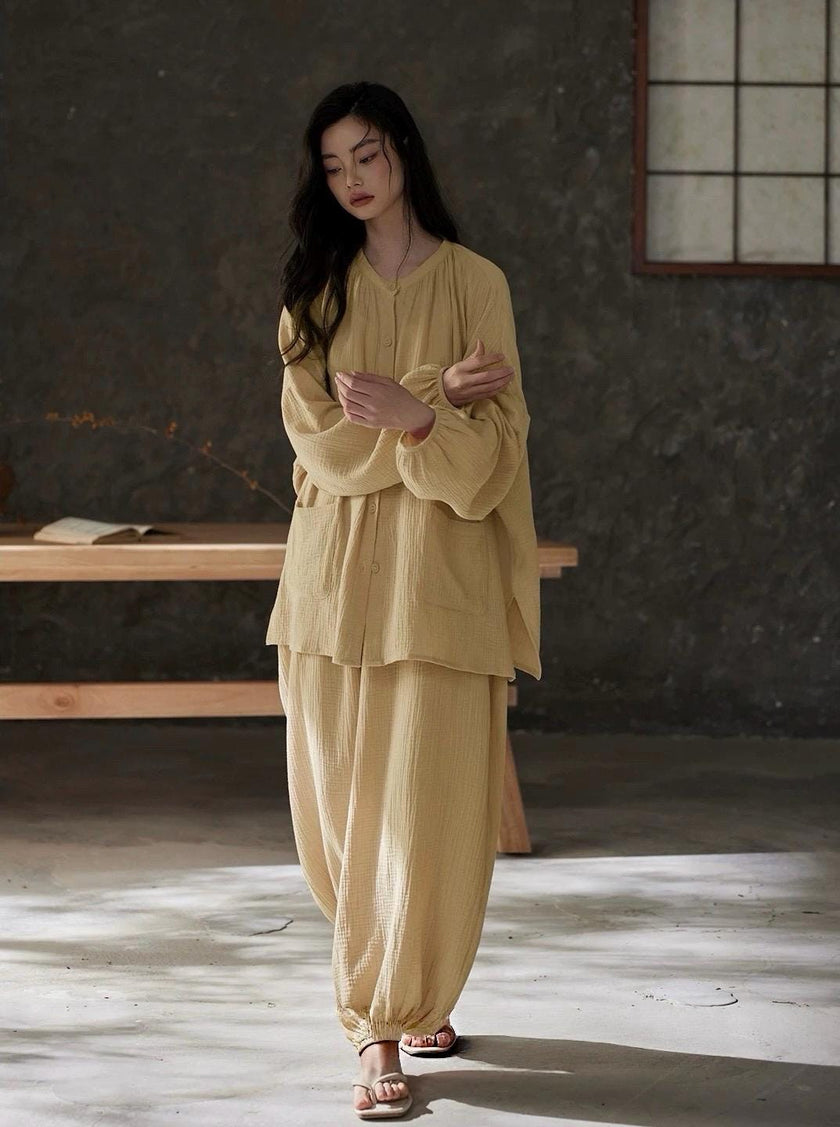 Lian Loungewear gauze cotton pajamas set with embroidered Zen design, comfortable loungewear for relaxing at home.
