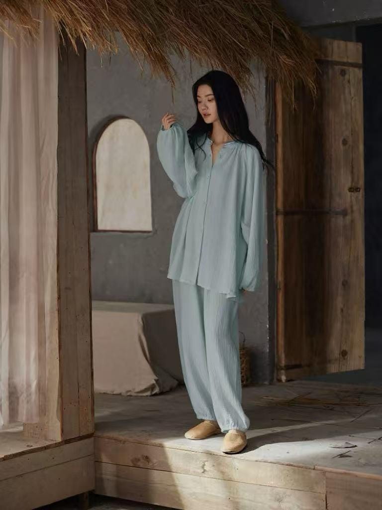 Lian Loungewear gauze cotton pajamas set with embroidered Zen design, comfortable loungewear for relaxing at home.