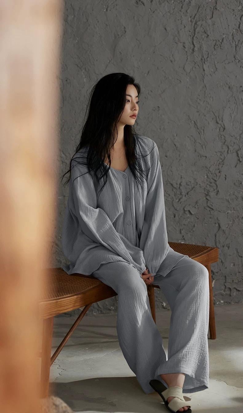 Lian Loungewear gauze cotton pajamas set with embroidered zen design, soft and comfortable loungewear for relaxing at home.