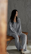 Lian Loungewear gauze cotton pajamas set with embroidered zen design, soft and comfortable loungewear for relaxing at home.