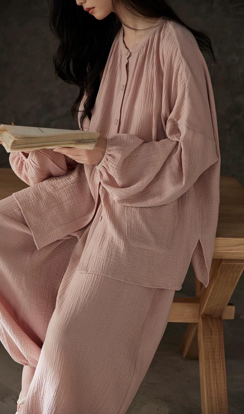 Lian Loungewear gauze cotton pajamas set with embroidered Zen design, comfortable loungewear for relaxing at home.