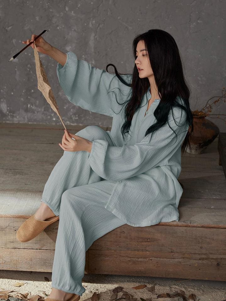 Gauze cotton pajamas set with embroidered Zen design by Lian Loungewear, featuring comfortable, breathable loungewear for relaxation.