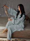 Gauze cotton pajamas set with embroidered Zen design by Lian Loungewear, featuring comfortable, breathable loungewear for relaxation.