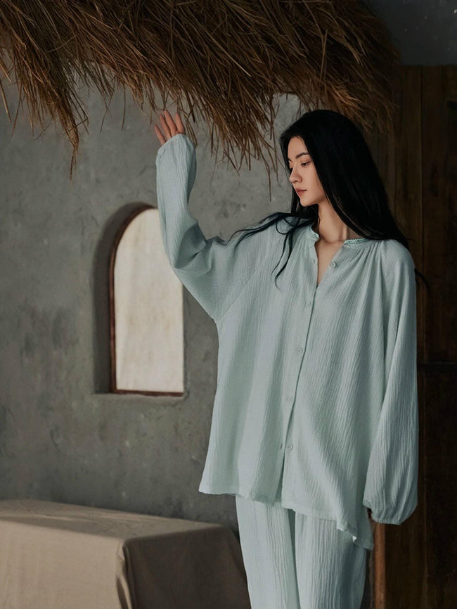 Lian Loungewear gauze cotton pajamas set with embroidered Zen design, featuring relaxed fit and soft, breathable fabric.