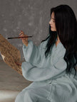 Lian Loungewear gauze cotton pajamas set with embroidered Zen design, comfortable loungewear for relaxing at home.