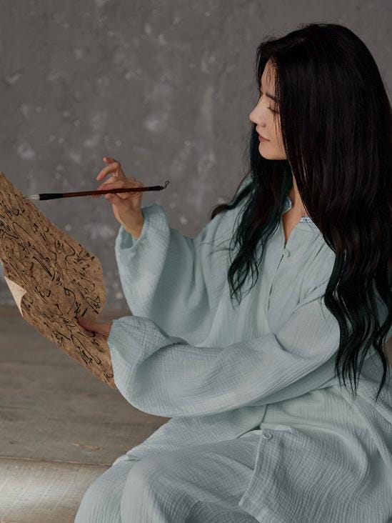 Lian Loungewear gauze cotton pajamas set with embroidered Zen design, comfortable loungewear for relaxing at home.