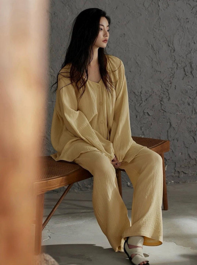 Lian Loungewear gauze cotton pajamas set with embroidered Zen design, featuring a relaxed fit and soft, breathable fabric for comfortable loungewear.