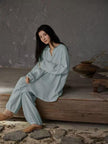 Lian Loungewear gauze cotton pajamas set with embroidered Zen design, comfortable loungewear for relaxing at home.