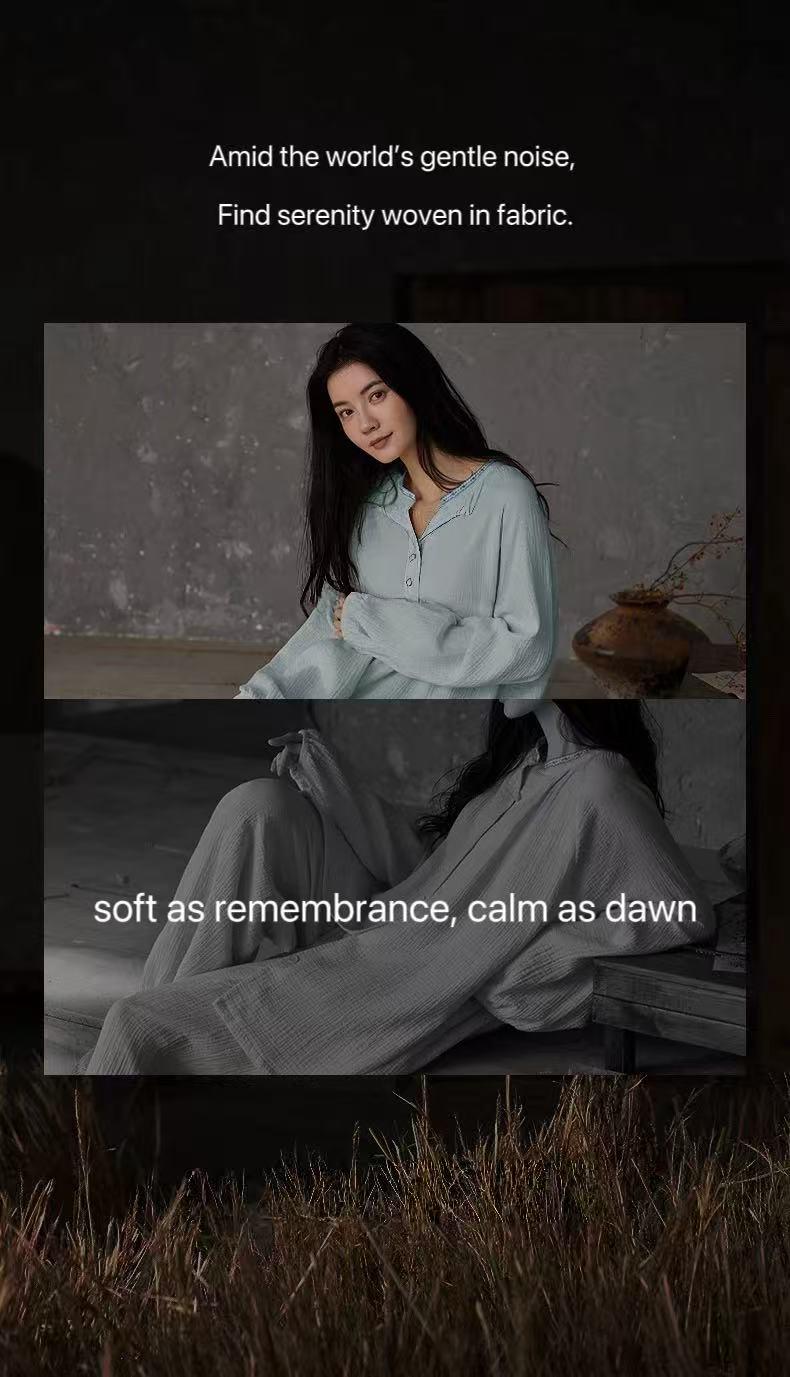 Gauze cotton pajamas set with embroidered Zen design from Lian Loungewear, featuring relaxed loungewear style and comfortable fit.