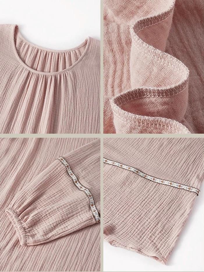 Lian Loungewear gauze cotton pajamas and soft breathable maxi dress, featuring lightweight, comfortable fabric for relaxed wear.
