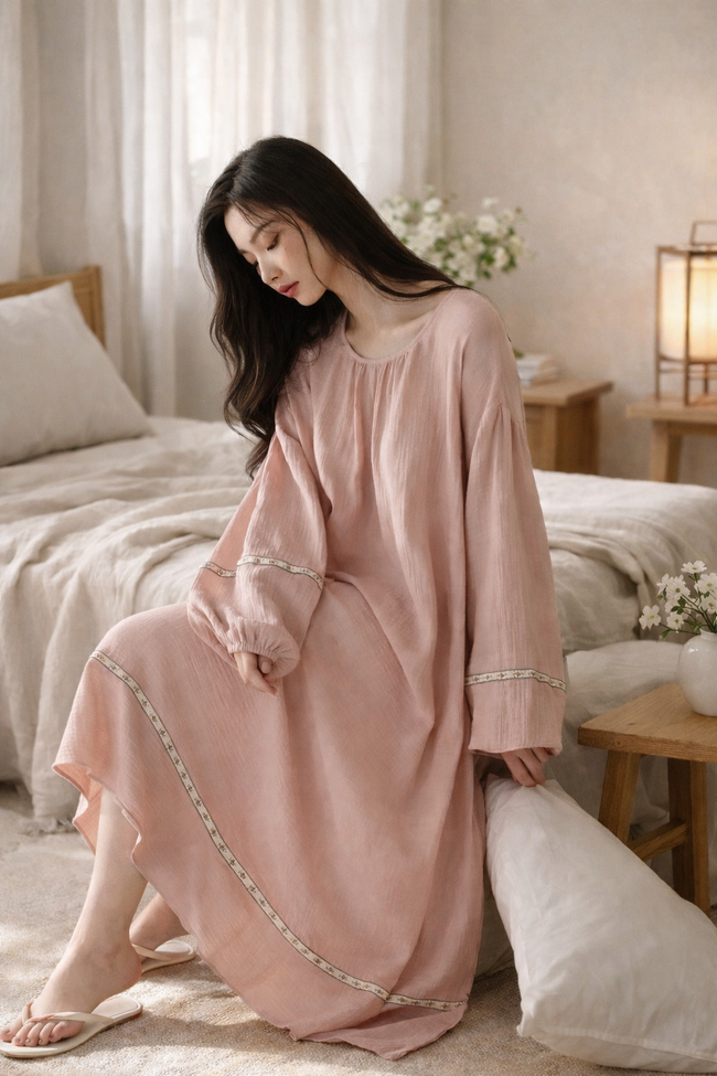 Lian Loungewear gauze cotton pajamas set featuring a soft, breathable maxi dress with a relaxed fit and comfortable fabric.