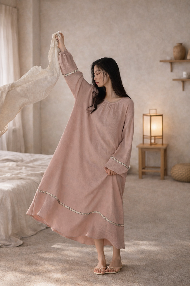 Lian Loungewear gauze cotton pajamas and soft breathable maxi dress, featuring lightweight, comfortable fabric and relaxed fit.