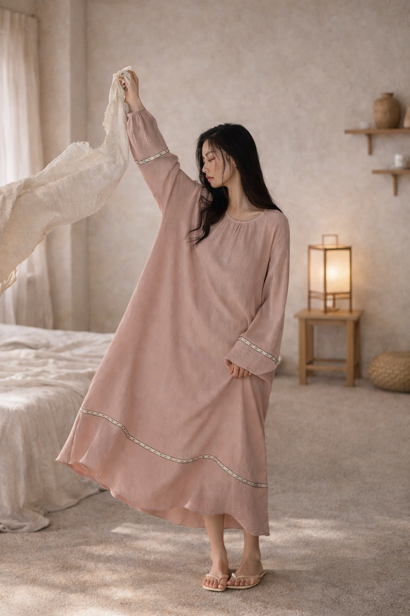 Lian Loungewear gauze cotton pajamas and soft breathable maxi dress, featuring lightweight, comfortable fabric and relaxed fit.