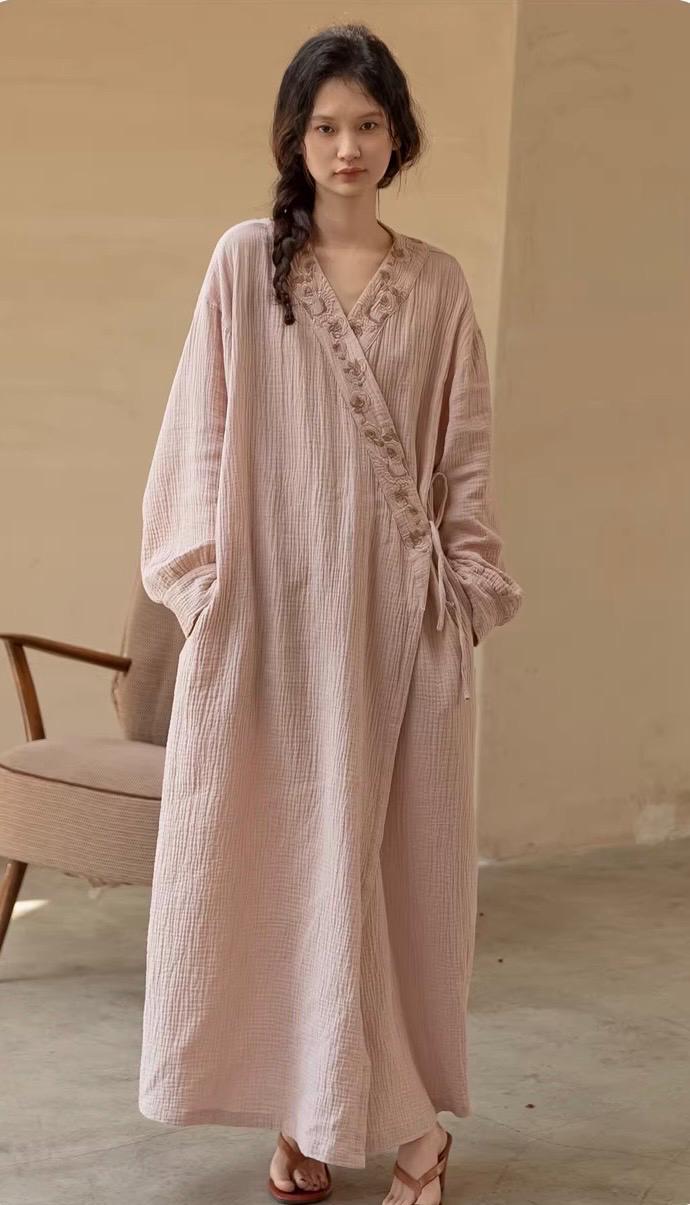Lian Loungewear Japanese Kimono Robe made of embroidered cotton gauze with intricate designs, soft and lightweight for comfortable wear.