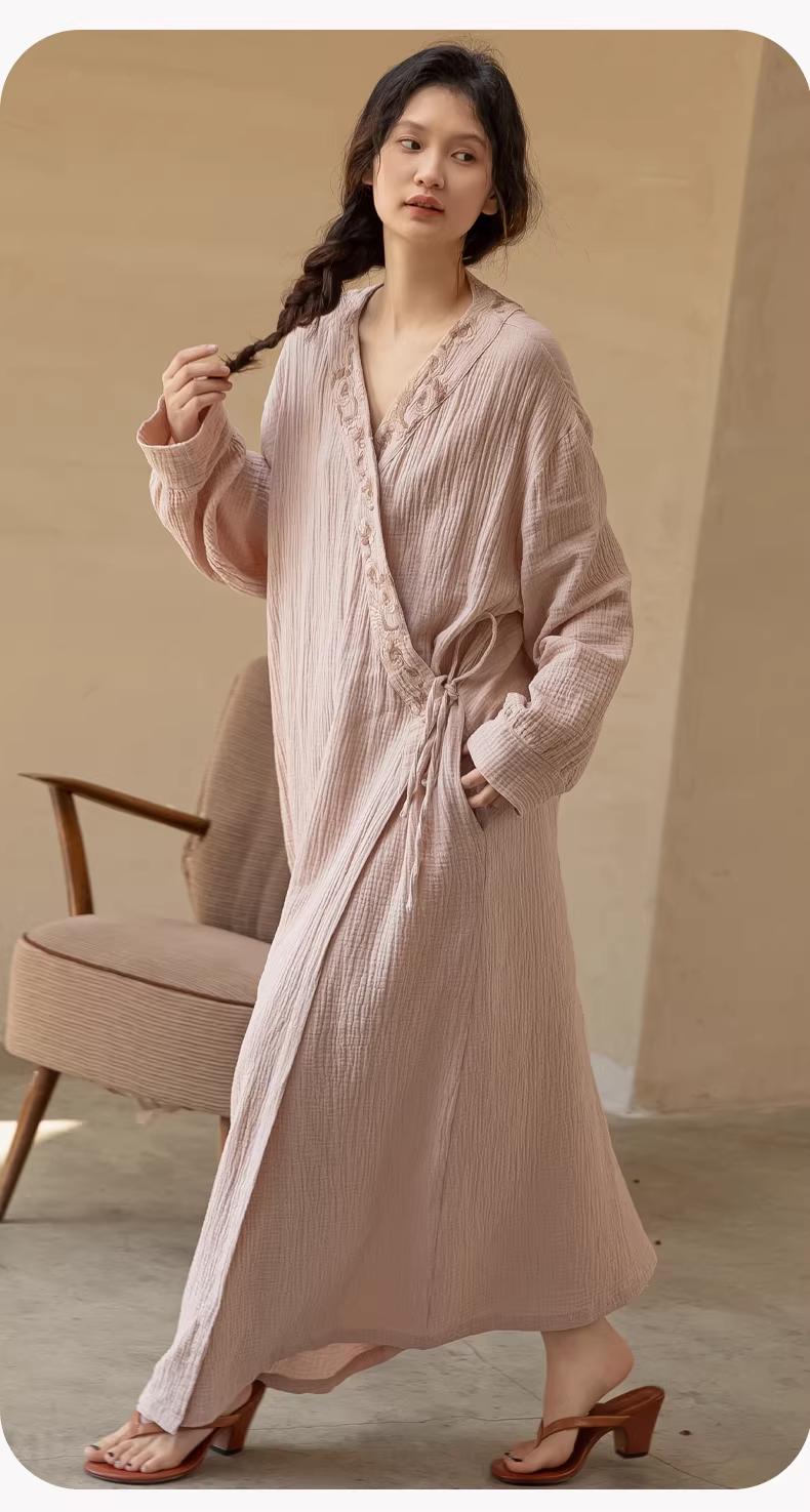 Lian Loungewear Japanese Kimono Robe with embroidered cotton gauze fabric, featuring intricate embroidery and lightweight, breathable material.