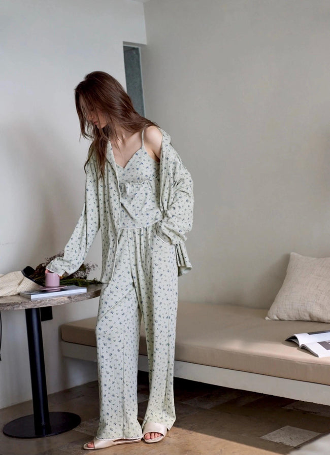 Lavender floral cotton pajama set by Lian Loungewear, soft mint-colored sleepwear with floral print and relaxed fit.