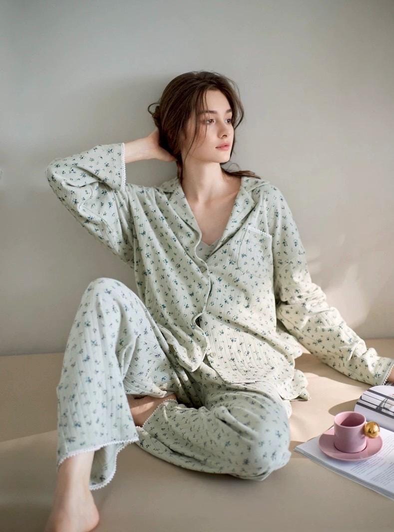 Lian Loungewear lavender floral cotton pajama set with mint-colored soft sleepwear, featuring a relaxed fit and floral print.