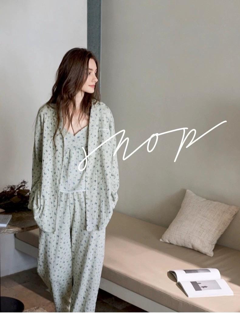 Lian Loungewear lavender floral cotton pajama set with mint-colored sleepwear, featuring soft, comfortable loungewear for relaxing nights.