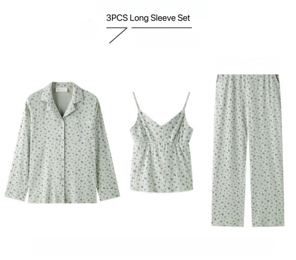 Lavender floral cotton pajama set by Lian Loungewear, soft mint-colored loungewear sleepwear with long sleeves and relaxed fit.