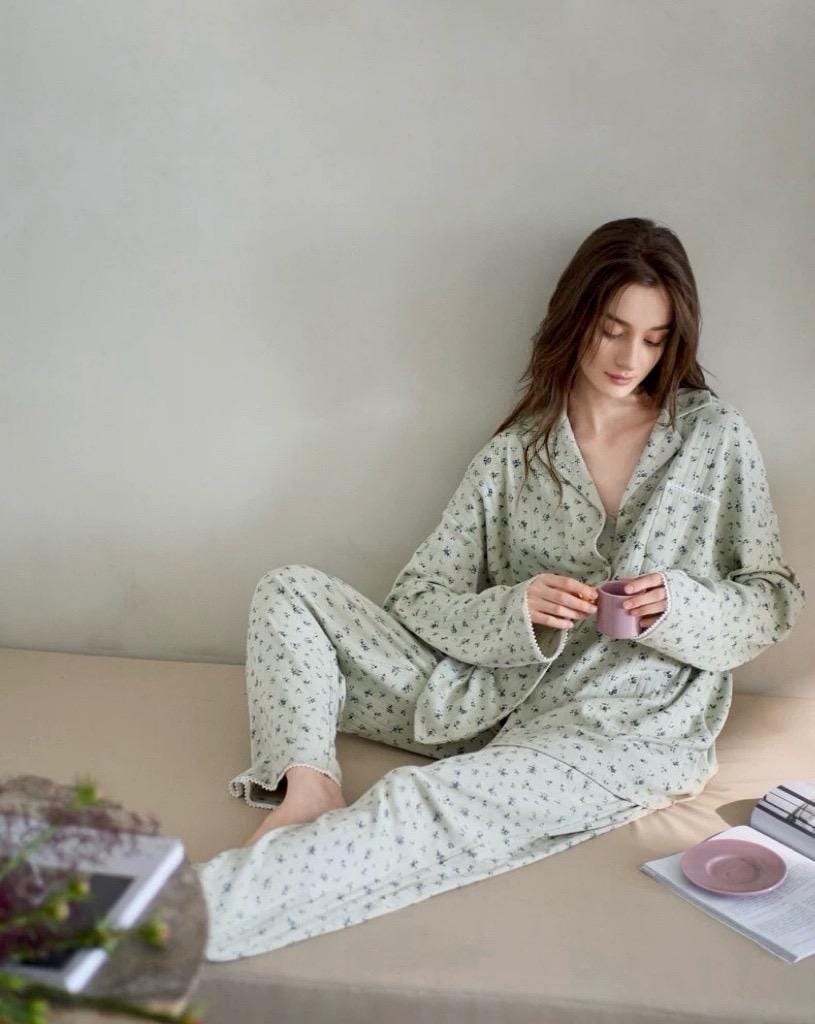 Lavender floral cotton pajama set by Lian Loungewear, soft mint-colored loungewear and sleepwear for comfortable nights.