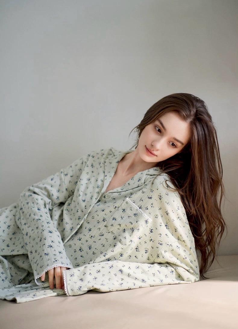 Lian Loungewear lavender floral cotton pajama set with mint-colored soft loungewear sleepwear for women.