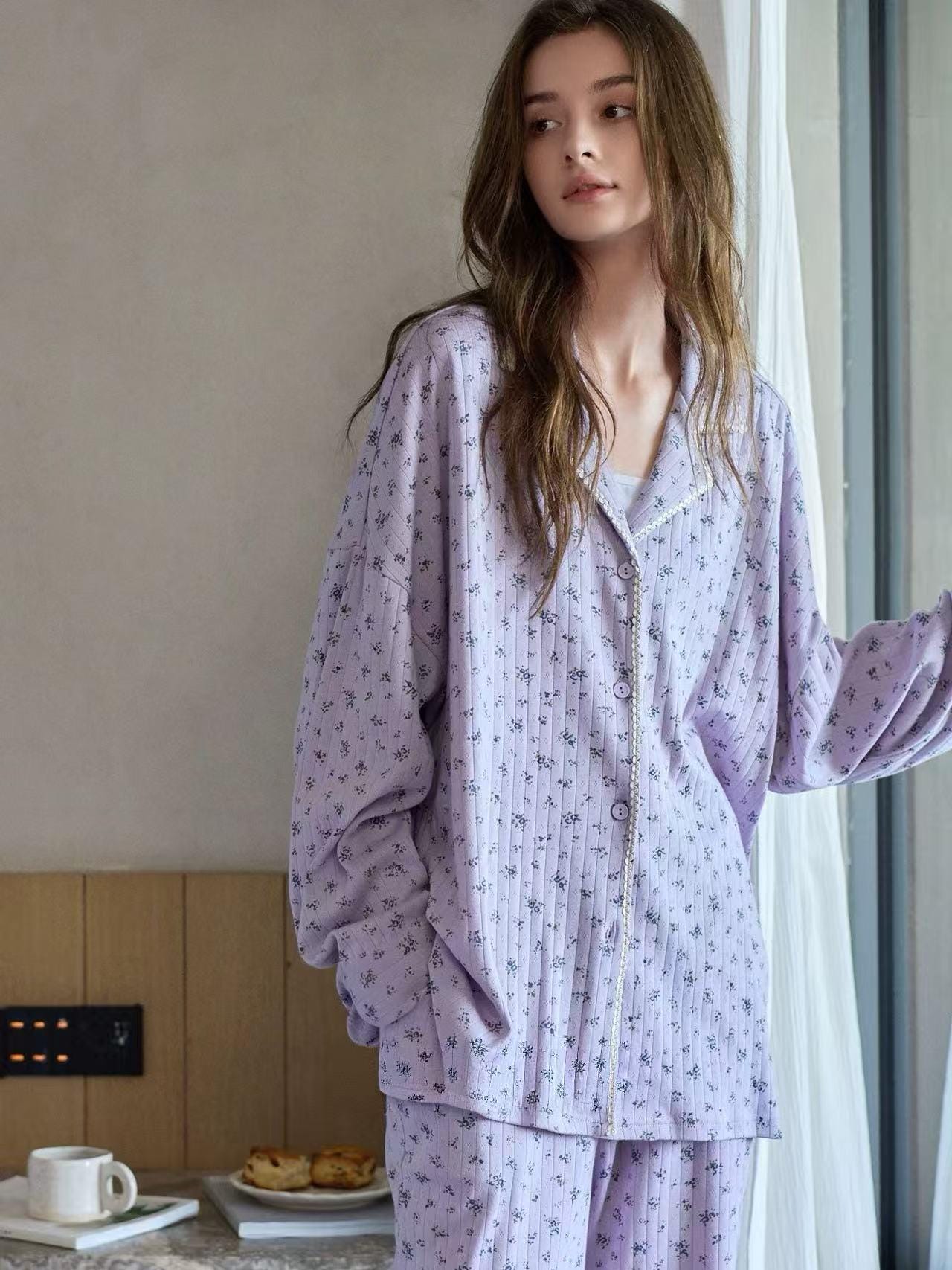 Lian Loungewear lavender floral cotton pajama set with mint-colored soft sleepwear, featuring a relaxed fit and floral pattern.