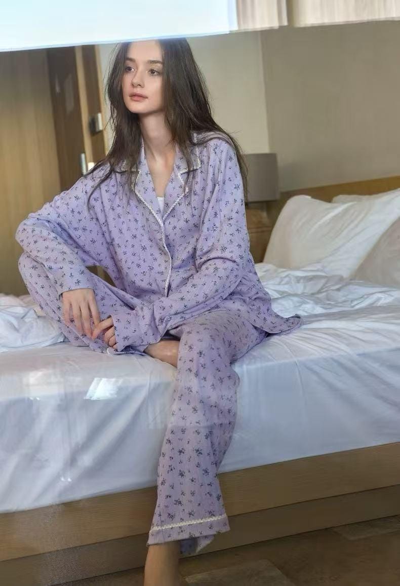 Lian Loungewear lavender floral cotton pajama set with mint-colored soft sleepwear for women, featuring a relaxed fit and floral pattern.