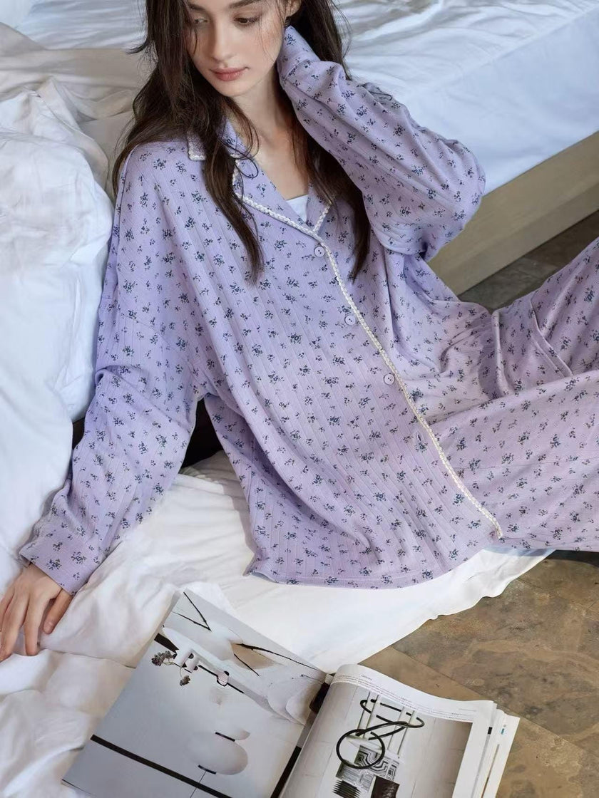 Lian Loungewear lavender floral cotton pajama set with mint-colored soft loungewear sleepwear for women.