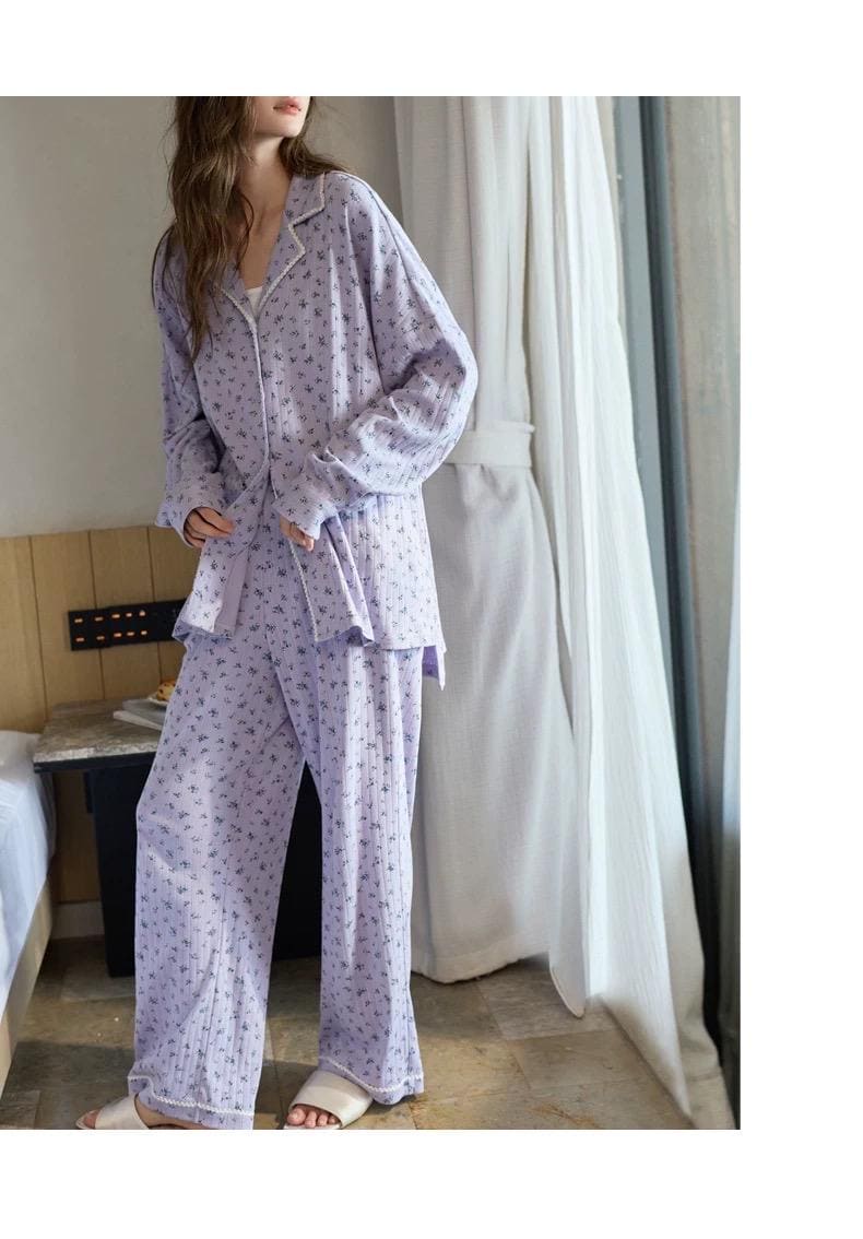 Lian Loungewear lavender floral cotton pajama set with mint-colored soft sleepwear for comfortable loungewear.
