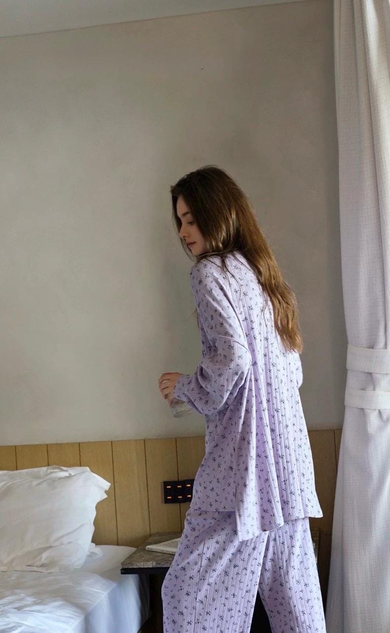 Lian Loungewear lavender floral cotton pajama set with mint-colored sleepwear, soft loungewear for comfortable nights.