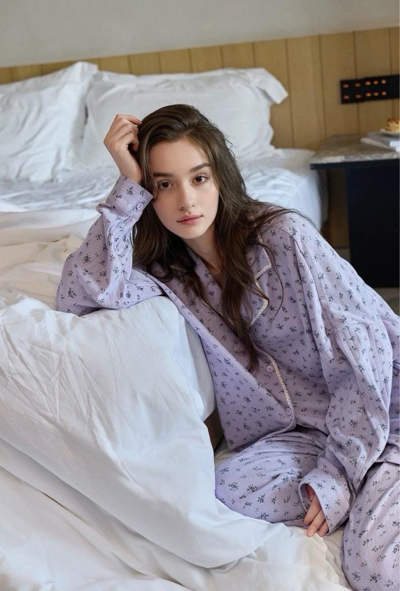 Lian Loungewear lavender floral cotton pajama set with mint-colored sleepwear, featuring soft fabric and relaxed fit for comfortable sleep.