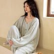 Mint green gauze cotton pajama set by Lian Loungewear, featuring a breathable wide-leg design and relaxed fit.