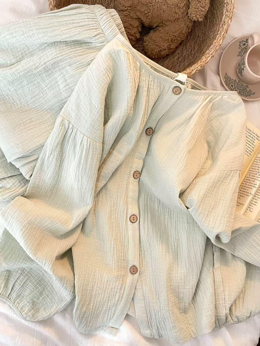 Mint green gauze cotton pajama set by Lian Loungewear featuring a breathable, wide-leg design for comfortable sleepwear.