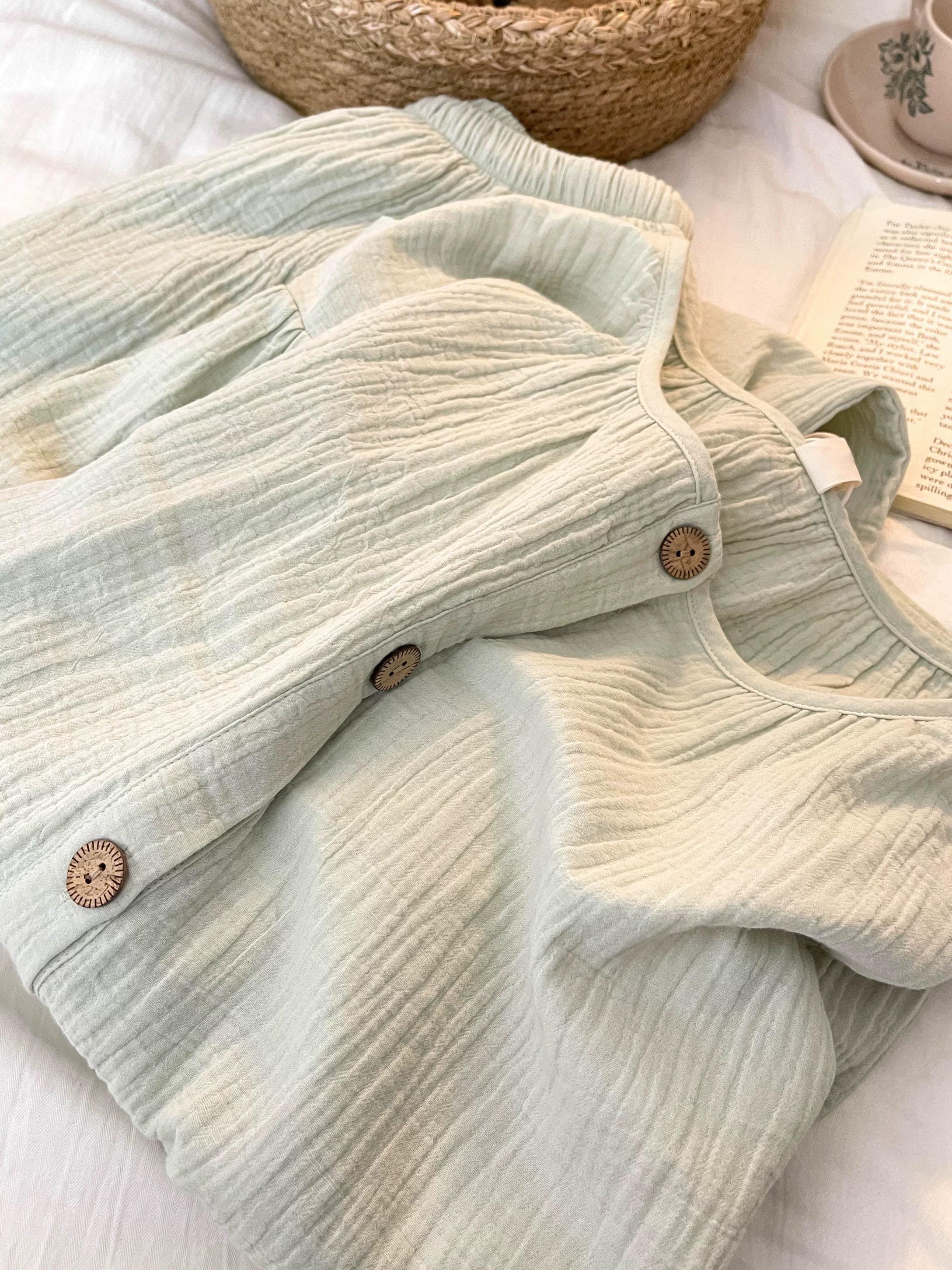Mint green gauze cotton pajama set by Lian Loungewear featuring a breathable wide-leg design and relaxed fit.