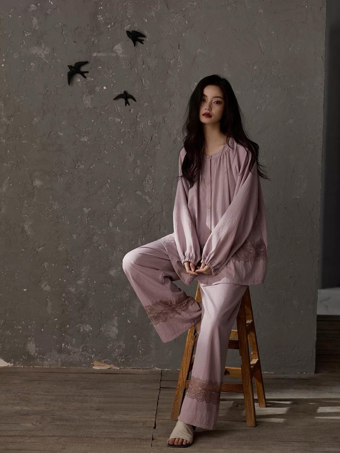 Natural cotton pajama set by Lian Loungewear with soft lace trim, featuring a relaxed fit and comfortable loungewear style.