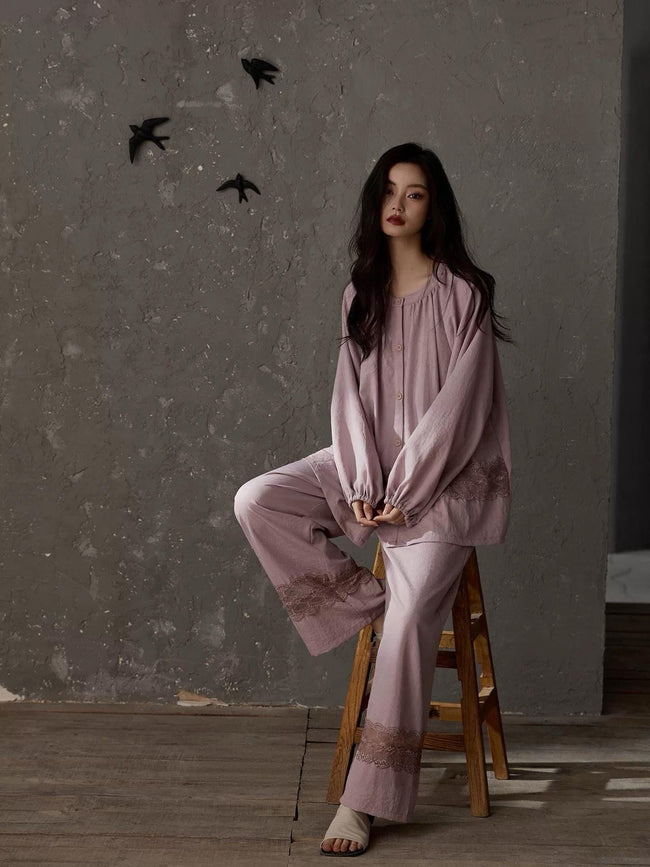 Natural cotton pajama set by Lian Loungewear with soft lace trim, featuring a relaxed fit and comfortable loungewear style.