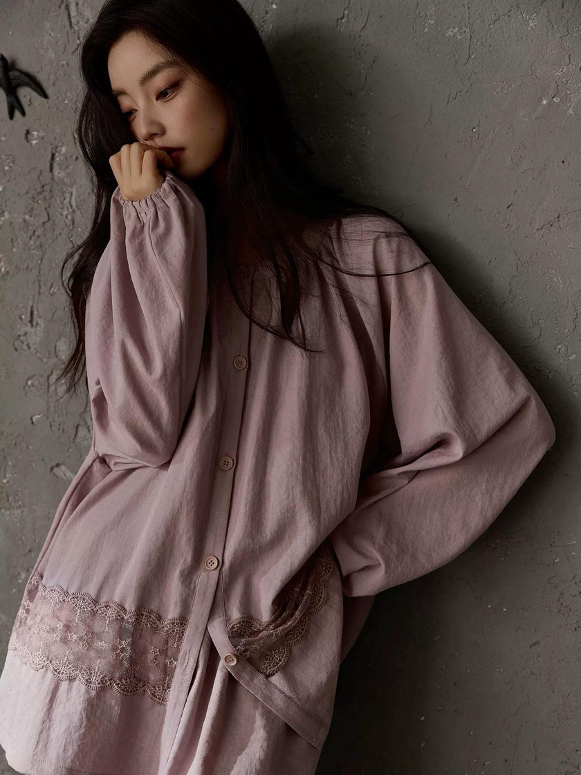 Natural cotton pajama set by Lian Loungewear with soft lace trim, featuring a relaxed fit and comfortable loungewear design.
