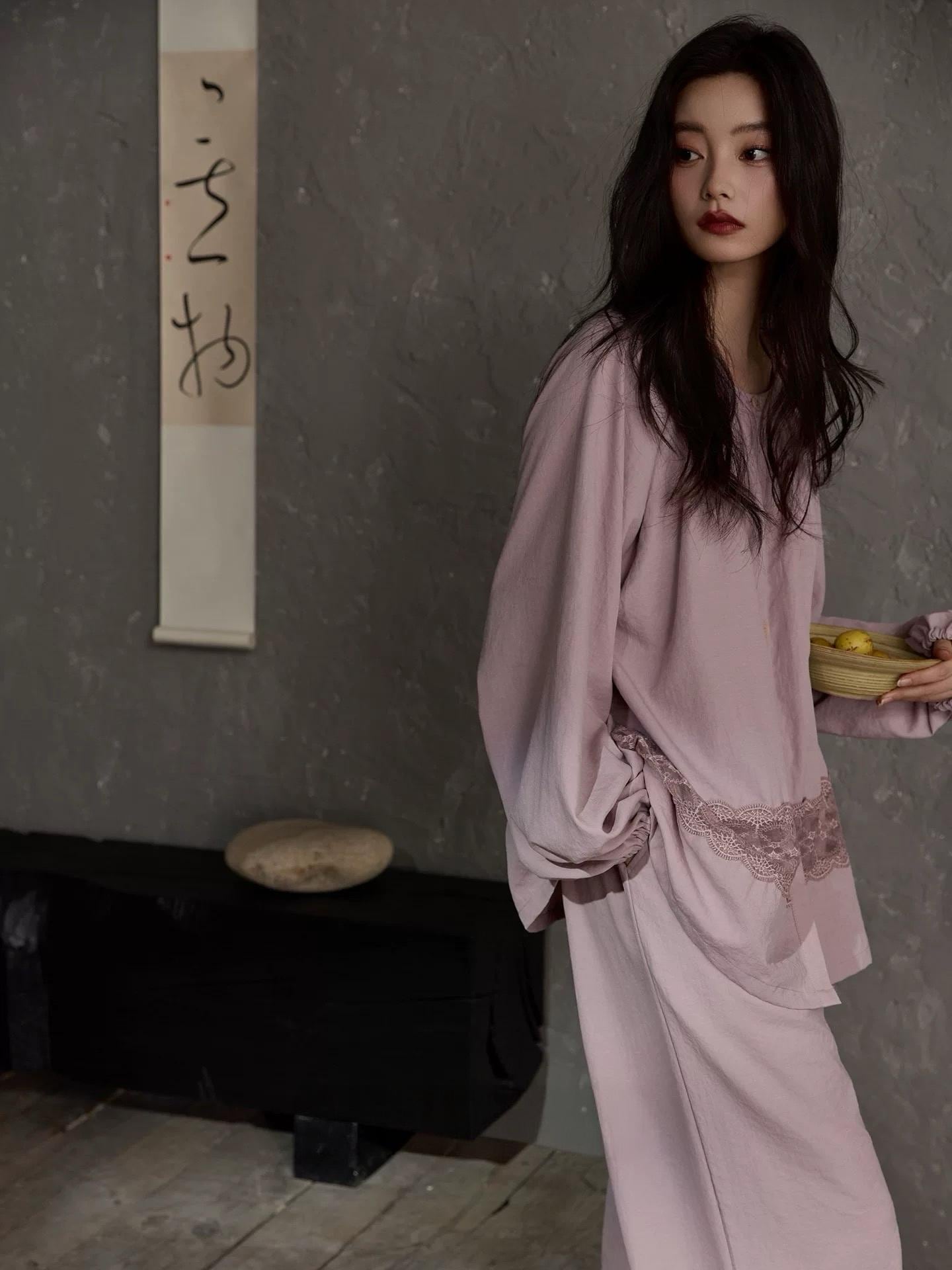 Natural cotton pajama set by Lian Loungewear with soft lace trim, featuring a relaxed fit and cozy loungewear style.